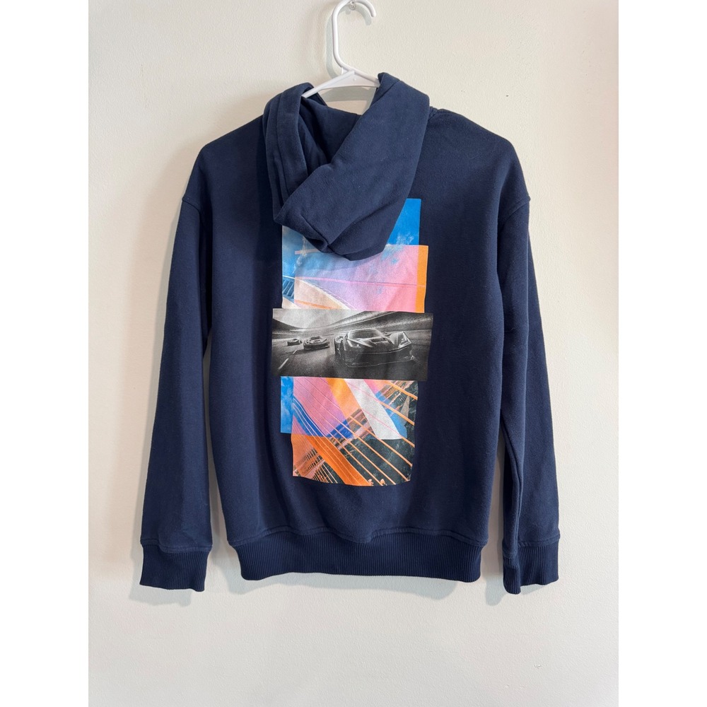 Abercrombie & Fitch Race‎ Car Graphic Hoodie Boys 11-12 Navy Blue Sleeve Logo